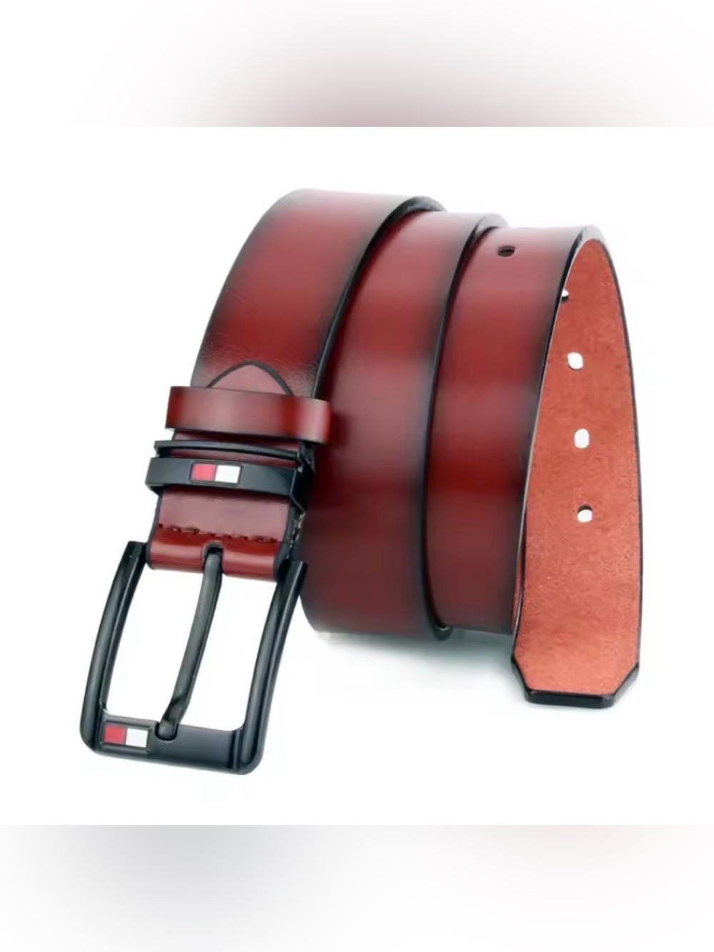 Men's Red Brown PU Leather Dress Belt with Black Buckle